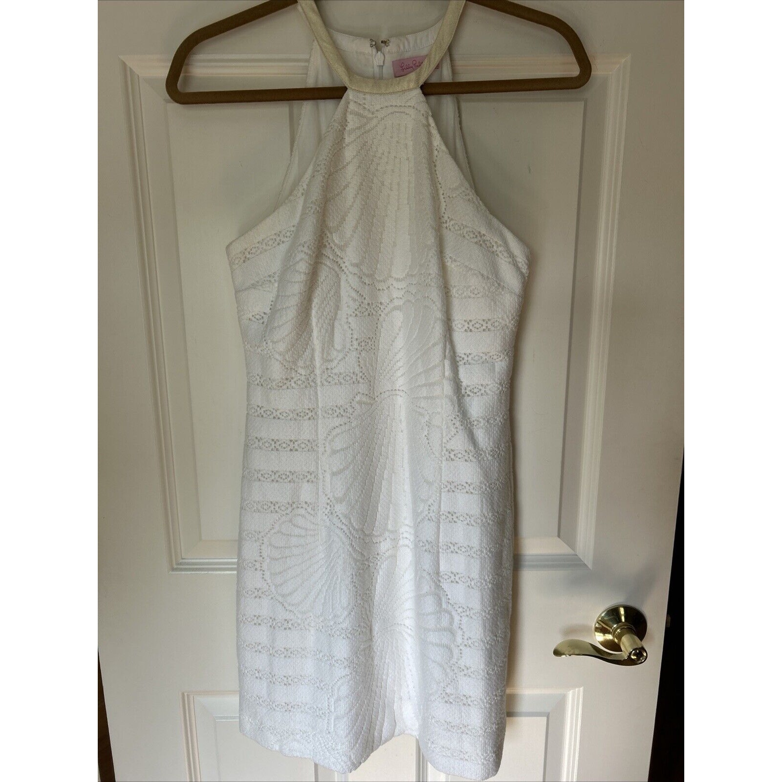 Lilly Pulitzer White Lace Halter Top Dress Trimmed Gold Fully Lined Sz 2 Shells